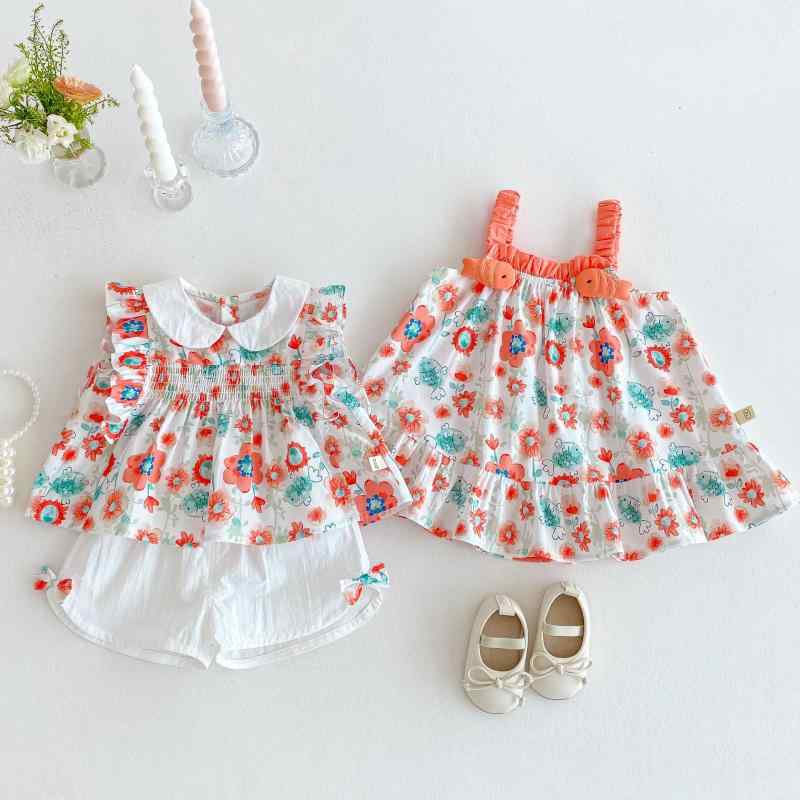 Floral print dress, children's summer clothes, 2-piece set, kids' clothes, 3-piece set (T-shirt and shorts), for girls, ages 3, 4, 5, 6, 7, 8, sizes 90cm, 100cm, 110cm, 120cm, 130cm, 140cm, 100% cotton, cute, stylish, adorable.
