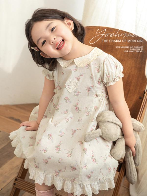 Girls' One-Piece Dress, Floral Print, A-Line, Knee-Length, Short Sleeves, Summer, Ages 3, 4, 5, 6, 7, 8, Sizes 100cm, 110cm, 120cm, 130cm, 140cm, Cotton 1cm, Size 150cm