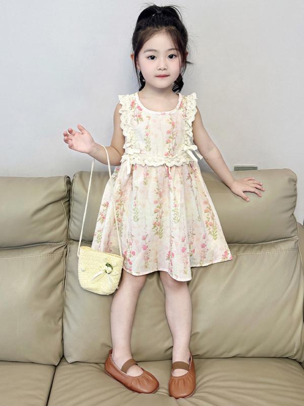 Girls' Summer Dress, Floral Print, Lace, Sleeveless Tunic with Bow Tie, Lightweight, Handmade, for Ages 3, 4, 5, 6, 7, 8, Sizes 100cm, 110cm, 120cm, 130cm, 140cm, 100% Cotton