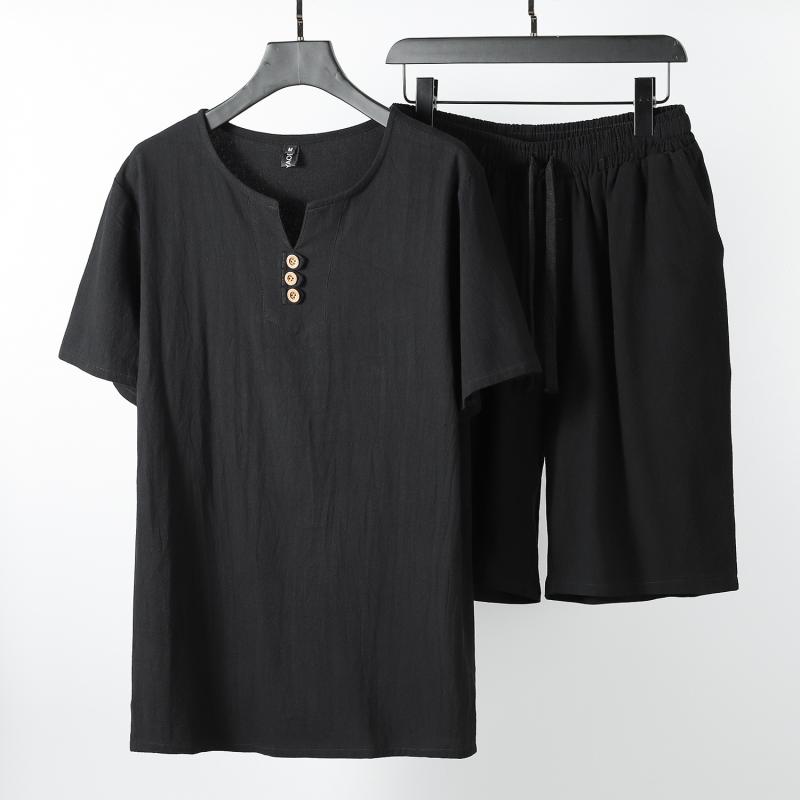 樂天商城 - トップス メンズ 綿麻 半袖 短パン セットアップ Vネック ゆったり 大きいサイズ Tシャツ カジュアル 夏 運動 2点セット 白 白 黒 青 ベージュ
