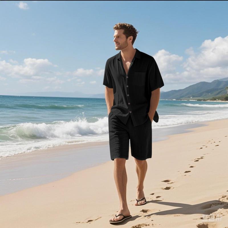 メンズ camisetas y pantalones cortos conjuntos casuales de lino para verano estilo americano ligero y fresco para hombres ropa de