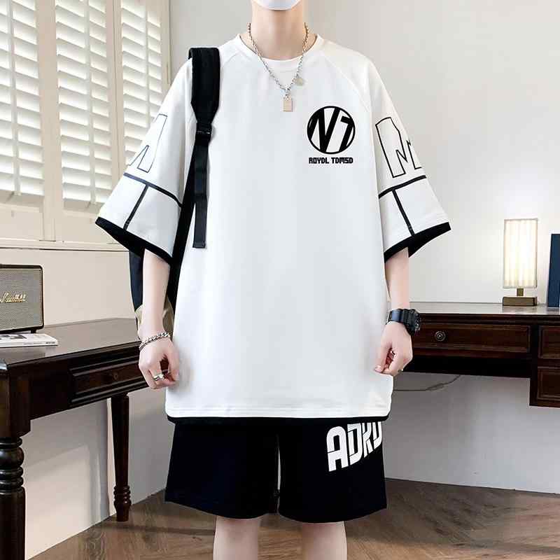夏季 Tシャツ セットアップ 上下セット 青少年 大学生 綿素材 半袖 トップス カジ...
