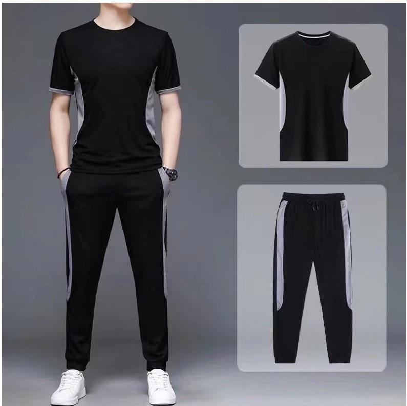 メンズウェア スポーツカジュアル セットアップ 速乾 Tシャツ 九分丈パンツ 夏用 薄手 軽量 伸縮性 トレーニングウェア 部屋着 普段使い 運動着 灰色 黒色 Mサイズ