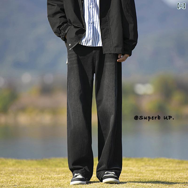 樂天商城 - ジーンズ メンズ ゆったり ストレート V系 ちょいワル カジュアル ワイドパンツ ジーパン 男性用 紳士用 春 秋 水洗加工 普段使い 部屋着 黒 ブラック M L XL XXL