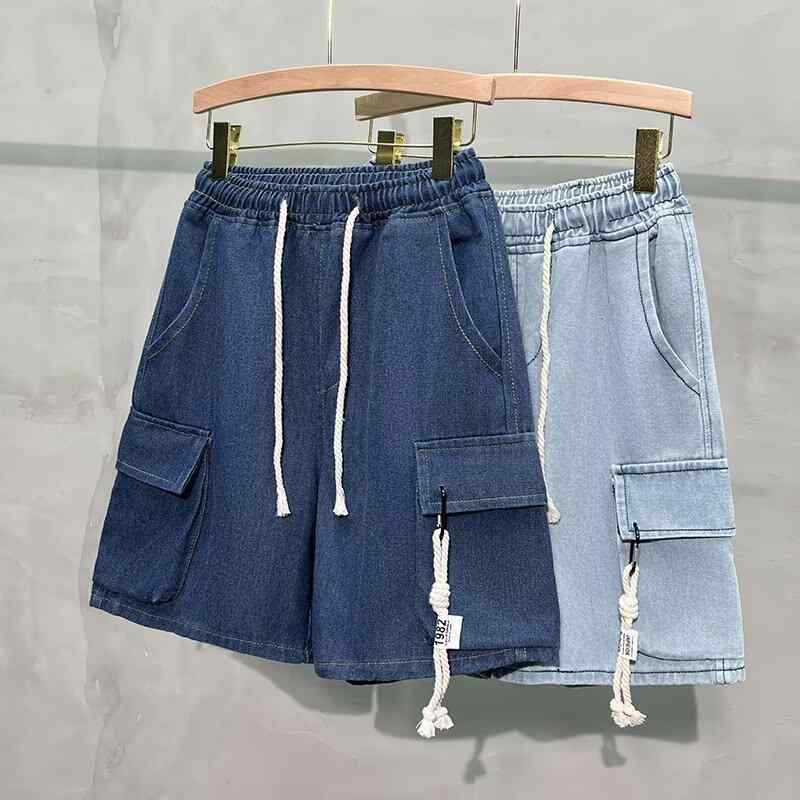 ショートパンツ メンズ デニムパンツ 夏 美式 高ストリート系ドローコード 馬パンツ トレンドブランド 大きめ ゆったり 五分丈パンツ