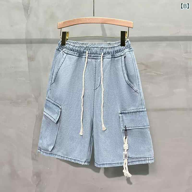 フォークBRのショートパンツ メンズ デニムパンツ 夏 美式 高ストリート系ドローコード 馬パンツ トレンドブランド 大きめ ゆったり 五分丈パンツ｜アングル3