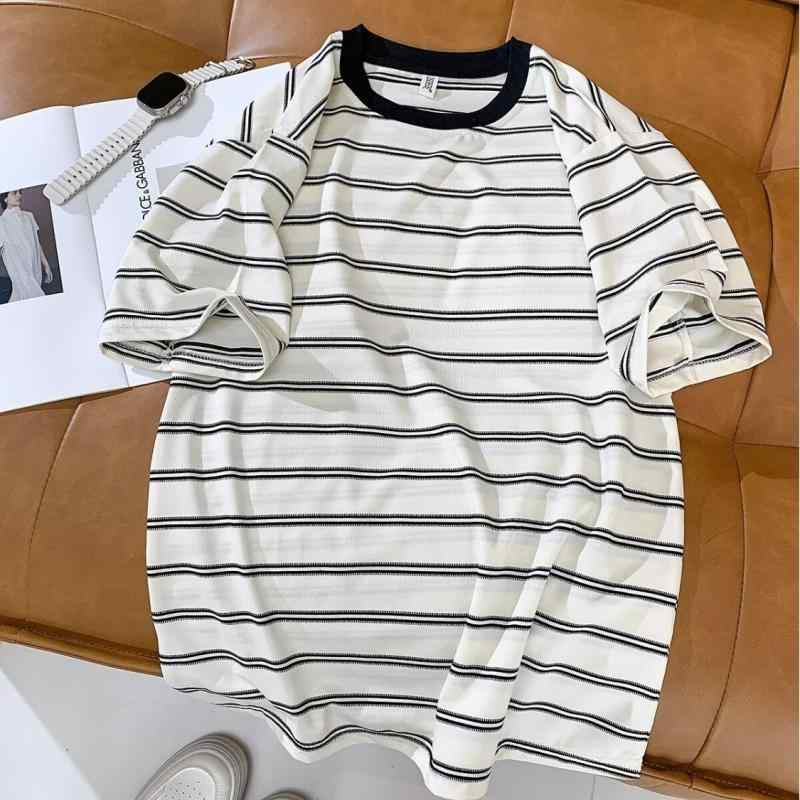 乐天商城 - シャツ ストライプ柄 メンズ 半袖 Tシャツ 黒白 ゆったり カジュアル 慵懒風 トップス 男性用