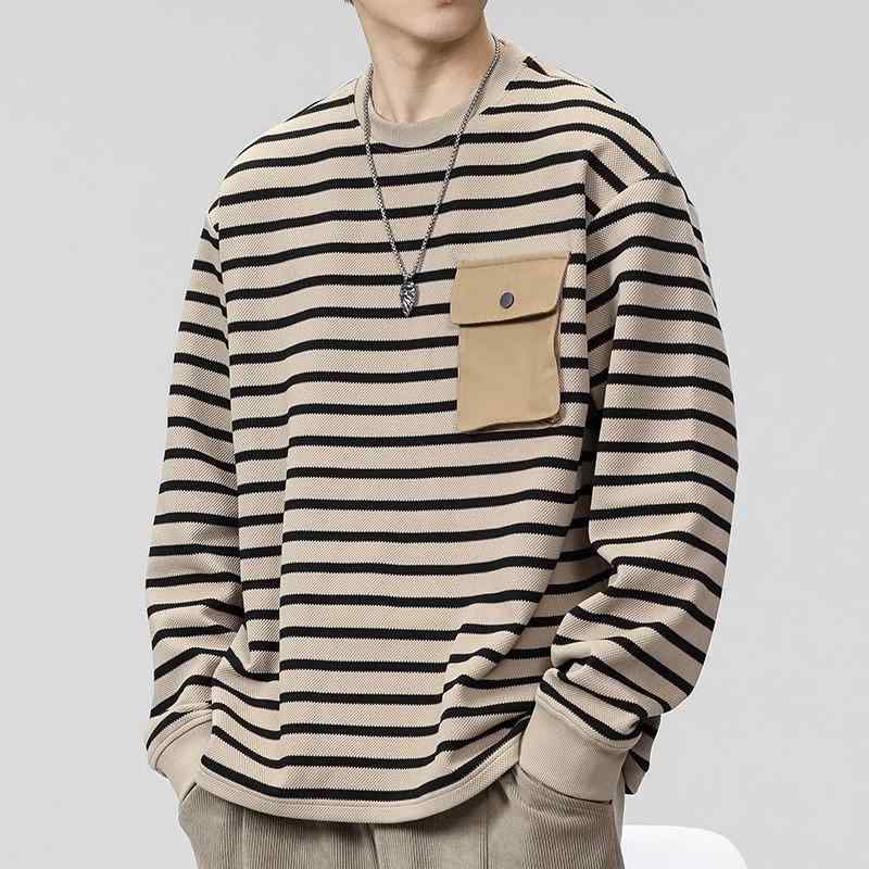 Rakuten - Tシャツ メンズ 春秋 レトロ ストライプ 長袖 ゆったり 大きめ 丸首 カットソー カジュアル おしゃれ 男性 紳士用 トップス 薄手 定番 人気