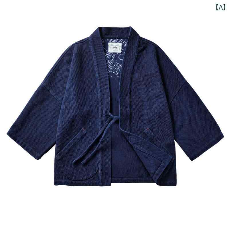 藍染道袍 ジャケット メンズ 七分袖 綿100% ゆったり 秋物 カジュアル アウター 復古風 紳士服