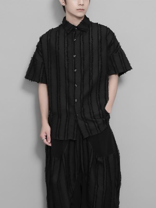トップス 紳士用シャツ 縦縞シャツ メンズシャツ レトロ フリンジ 切り替え 半袖シ...