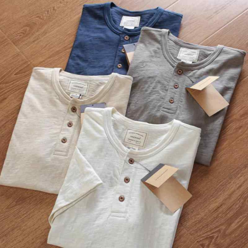 Tシャツ メンズ 薄手 通気性 純色 亨利領 カジュアル 半袖