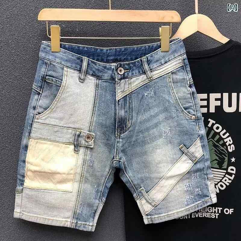 乐天商城 - メンズ 向けの ハイエンドの スプライスデニムショートパンツ、 トレンディな スリム フィットの 伸縮 性 パッチ、 ヘビーウォッシュ、 パーソナライズ さ れた カジュアルな 5 分 丈 パンツ