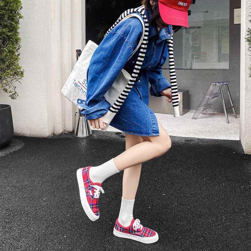 red plaid canvas shoes women's Korean version student versatile ulzzang trendy shoes 2024 new niche design board shoes