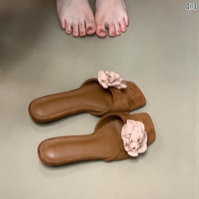 見栄えの 良い バージョン〜 フレンチ スタイルの スクエアトゥシンプルフラワーサンダル、 女性 用 夏 用 フラットスクエアトゥスリッパ - 2