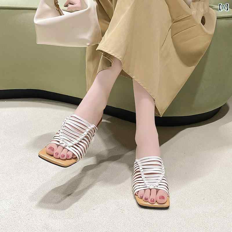 樂天商城 - 女性 用 編み込み サンダル 2025 夏の新 スタイル 薄い スト ラップ 中空 スリッポン 厚い ヒールスリッパシンプルで ファッショナブルで多 用途な 女性 用