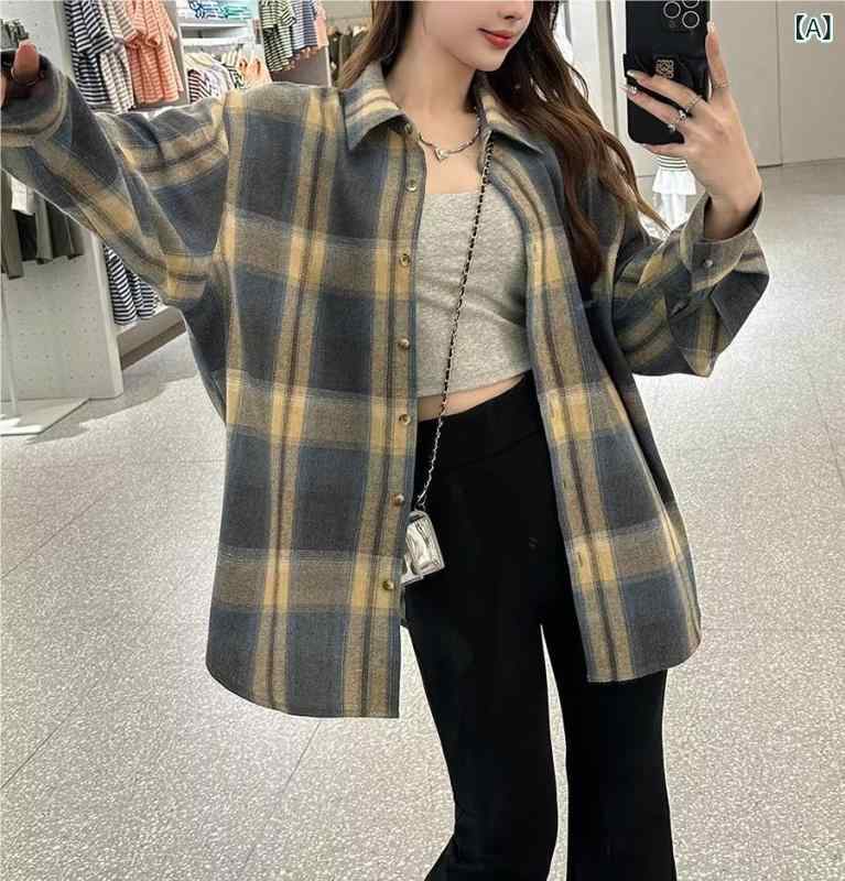 韓国 系の レ トロな 格子の シャツの 女性の 春の 夏の 長袖の 日焼け 止めの 上着は ゆったり して いて 痩せて います。