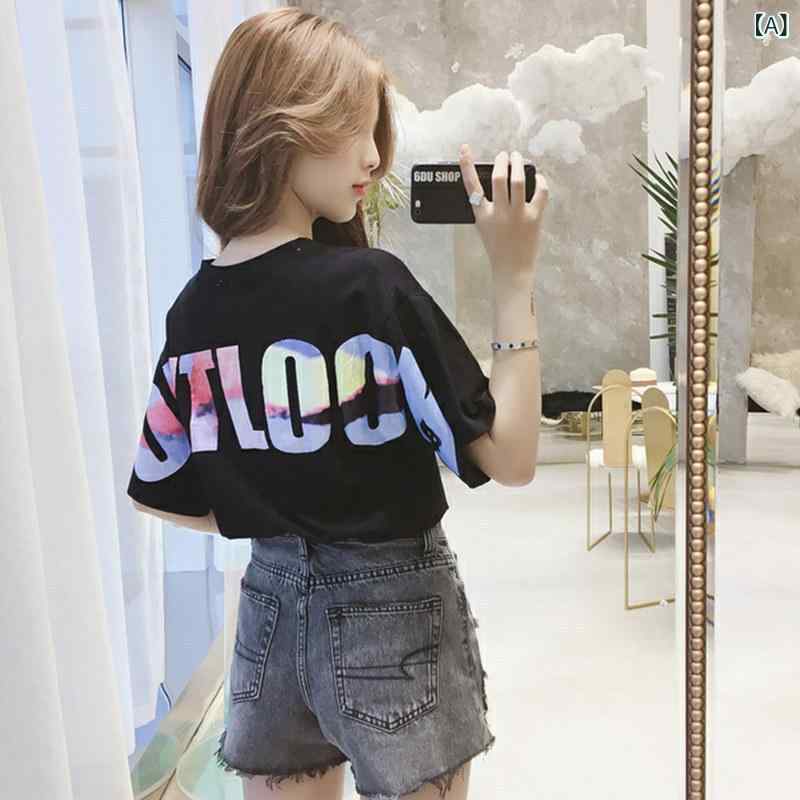 乐天商城 - フロントと バックの カラフルな 文字 女性 2025 夏 韓国 スタイルの 新しい トップスルーズ 学生 半袖 Tシャツ 女性の Ins トレンド 卸売