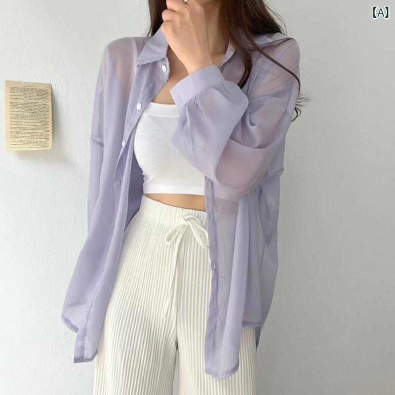 韓国 気質 長袖 薄手 日焼け 止め シャツ 女 2023 夏 新作 シフォンシャツコートエアコンシャツ 白 上着