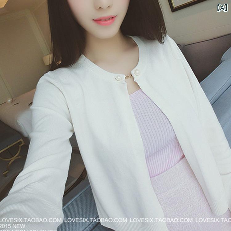 春の 新型の ニットの 女性の カーディガンの 短い タイプの 韓国 版の 婦人 服の ...
