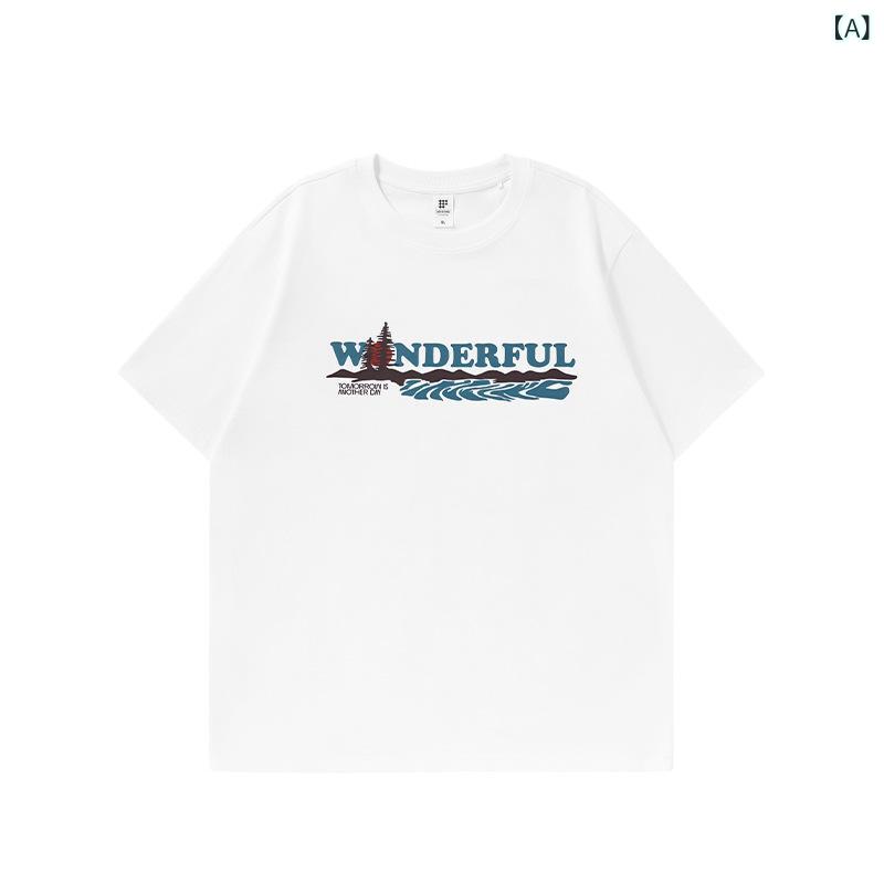 捷 展 メンズ | 山脈 アルファベット プリント t シャツ 2025 春 夏 新品 山系 潮 牌 ゆるい 個性 丸襟 半袖(x3)