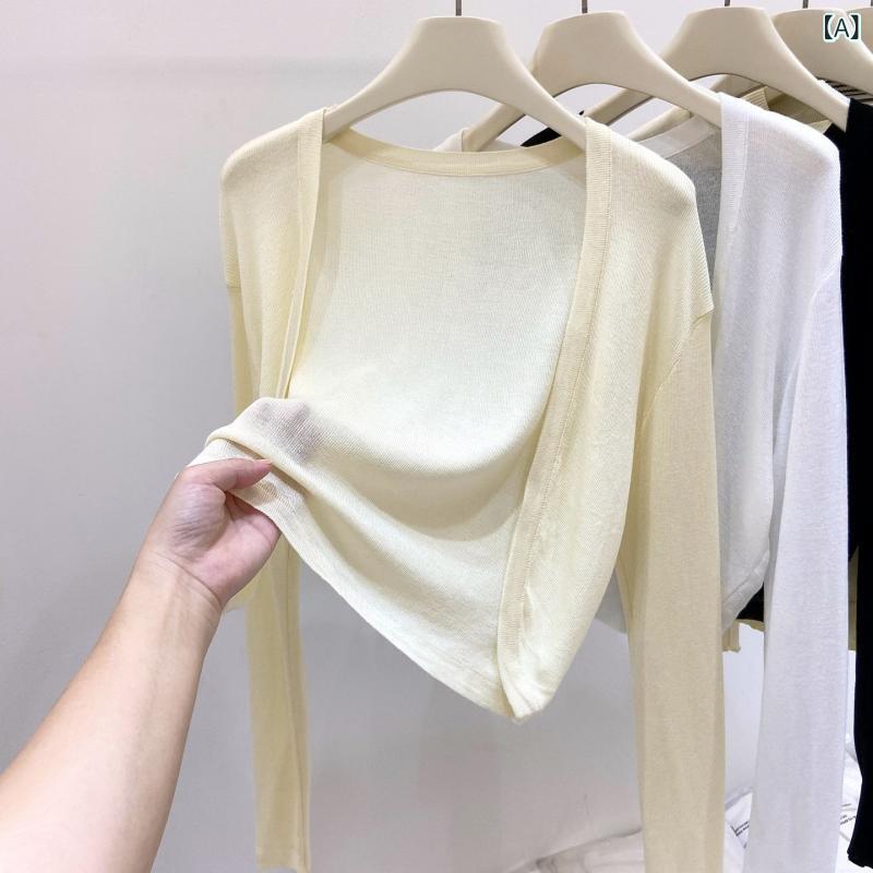 韓国 風 優しい スタイルの 薄手 アイス シルク 日焼け 止め カーディガン 女性 用 2026 夏 万能 着痩せ 効果の ある ショート 丈 ニットトップスジャケット