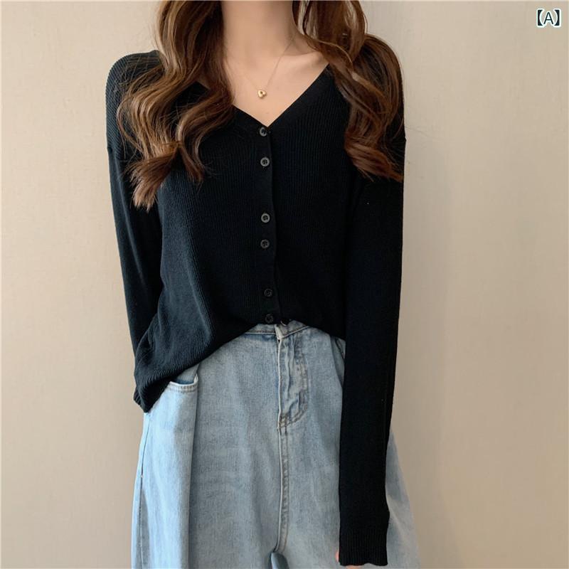 韓国 版の ゆるい v ネックの単 列は 薄い ニットの カーディガンの 長袖の 日焼け...