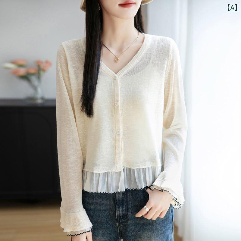 薄い レース ステッチ V ネックニットカーディガン 女性の ための 25 春の 新しい 韓国 スタイルの 優しい スタイルの ショート シックな 日焼け 止め シャツ