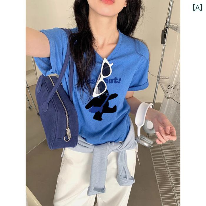 韓国 ブルー 日焼け 止め 半袖 レディース Tシャツ 夏の 新しい ルーズラウンドネックプルオーバー 右肩 クールスノーフレークコットントップ