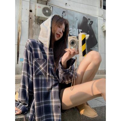 乐天商城 - レ トロな フード 付き チェック 柄 シャツ 女性の 新しい 初秋 韓国 スタイルルーズレイジースタイル小さな シャツ 日焼け 止め ジャケット