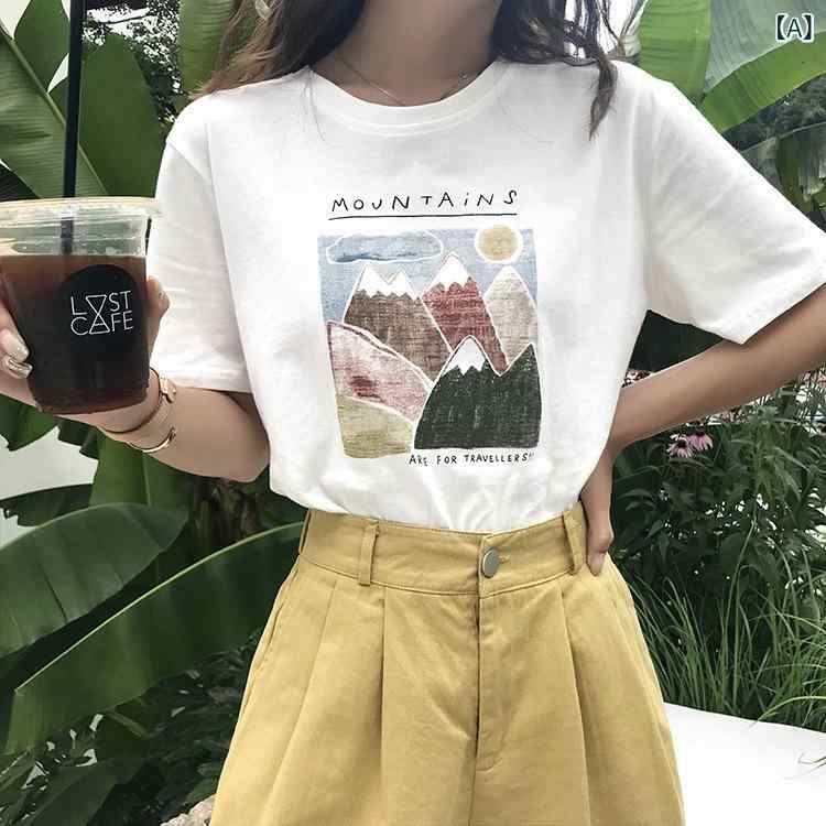 乐天商城 - 人気の ドロップシッピング 推奨の 女性 用 ピュアコットンプリント 半袖 Tシャツ、 ラウンド ネック、 右肩、多 用途の スリミングトップ、 個性、 新鮮
