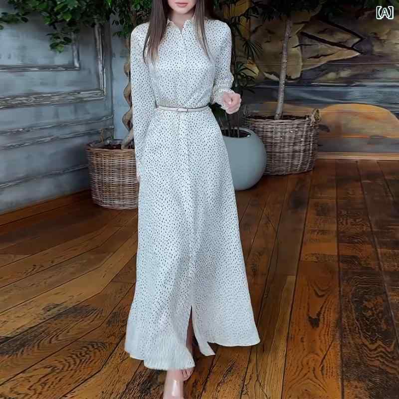 樂天商城 - 2025 新型 欧米 アマゾンの 国境を 越えた 対外 貿易 婦人 服の 長袖は 腰の 砕花を 収めて 優雅に 長い ワンピースを 開く