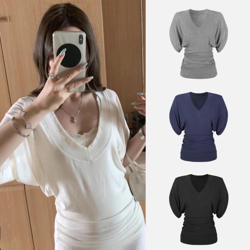 乐天商城 - Tシャツ Vネック レディース 半袖 Tシャツ トップス きれいめ 通勤 オフィス カジュアル 夏 春夏 蝙蝠袖 ゆったり おしゃれ かわいい おしゃれ かわいい おしゃれ ファッション おしゃれ 人気 流行 2025年 婦人服 女性用