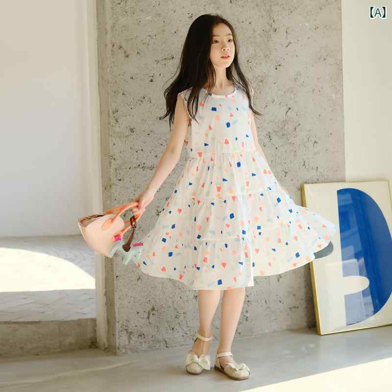 樂天商城 - 女の子 ベスト ドレス 2024 夏の新 スタイル 中 大型 子供 女の子 甘い 花 柄 プリンセス ドレス 文学 気質 ドレス