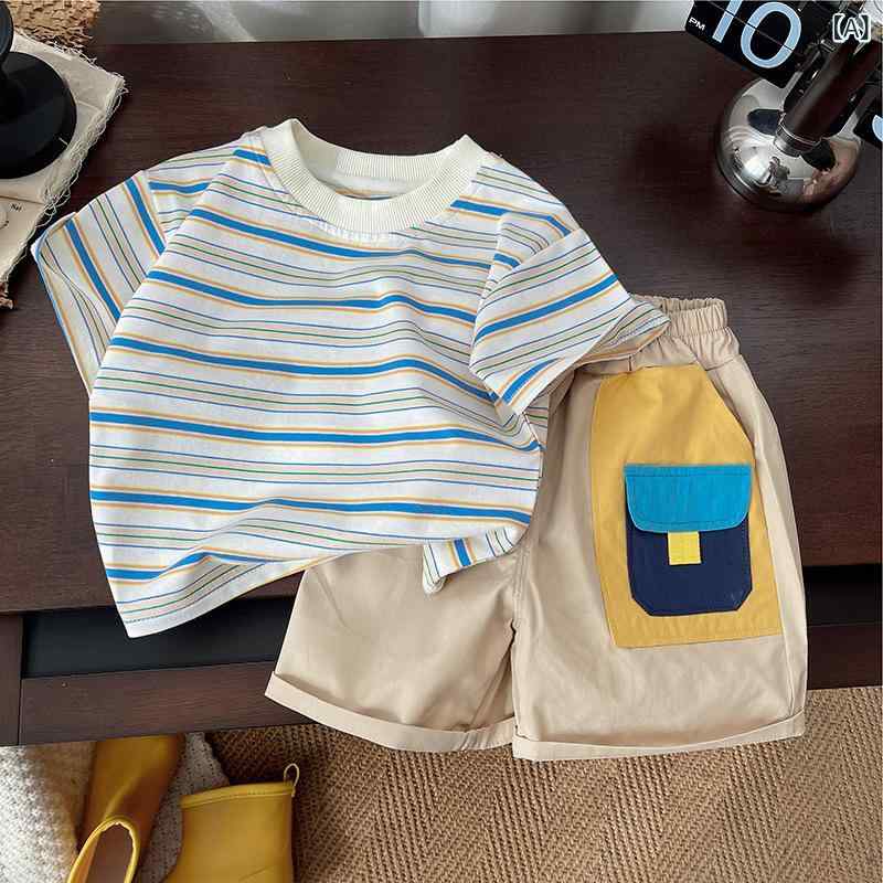 子供服 夏 半袖 セットアップ 男の子 トラ полоски Tシャツ カーゴパンツ 2点セット