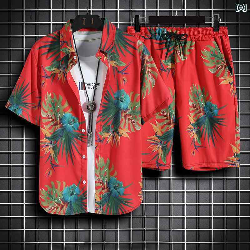 ハワイの リゾート ビーチ 服 男性の ファッションの カジュアル スーツ 男性の 半袖の シャツの ショート パンツは ゆったり して いて かっこいいです。