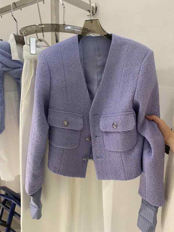 樂天商城 - パープル 小香風 ジャケット 春 レディース 高級感 名媛風 ファッション 粗花柄 デザイン感 短丈 トップス