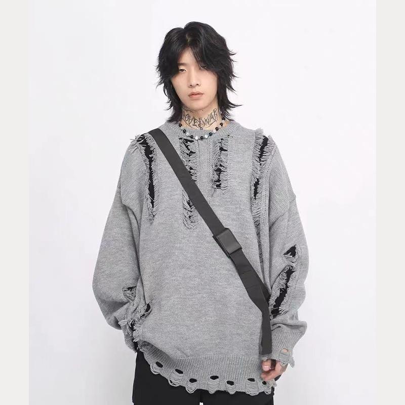 ニット セーター メンズ 長袖 丸首 ゆったり 春秋 カジュアル 黒 グレー