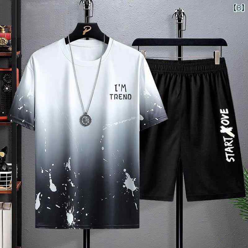フォークBRのメンズ セットアップ 夏 スポーツウェア Tシャツ 短パン 上下セット 接触冷感 吸湿速乾 軽量 伸縮性 綿 麻 デニム再生繊維 ハイウエストゴムハイウエストビッグシルエット Vネック ブラック ピンク系 アイボリー 春夏 秋冬 通年｜アングル2