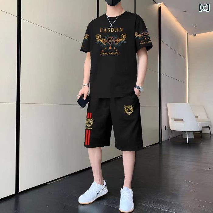 カジュアルスポーツスーツメンズ 半袖 t シャツショーツビーチファッション 若者 ...