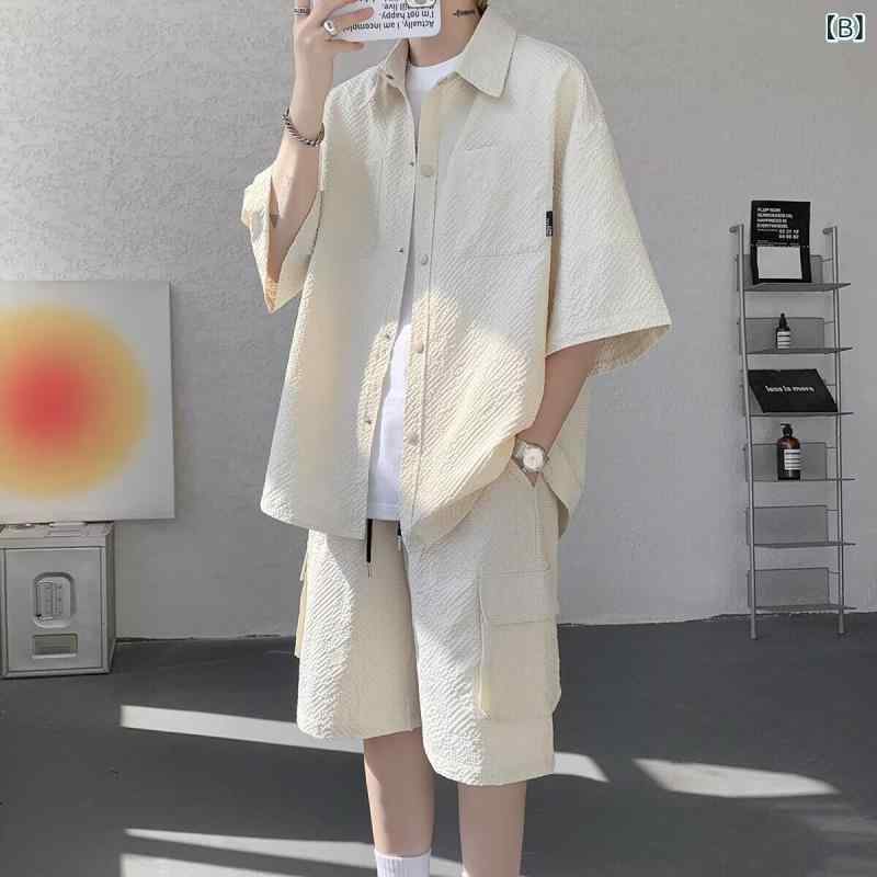 フォークBRのアイスシルクカジュアルスーツメンズ 2025 夏 薄い スタイル 作業 服 半袖 シャツと ショート パンツ 2 点 セット 男性 用｜アングル2