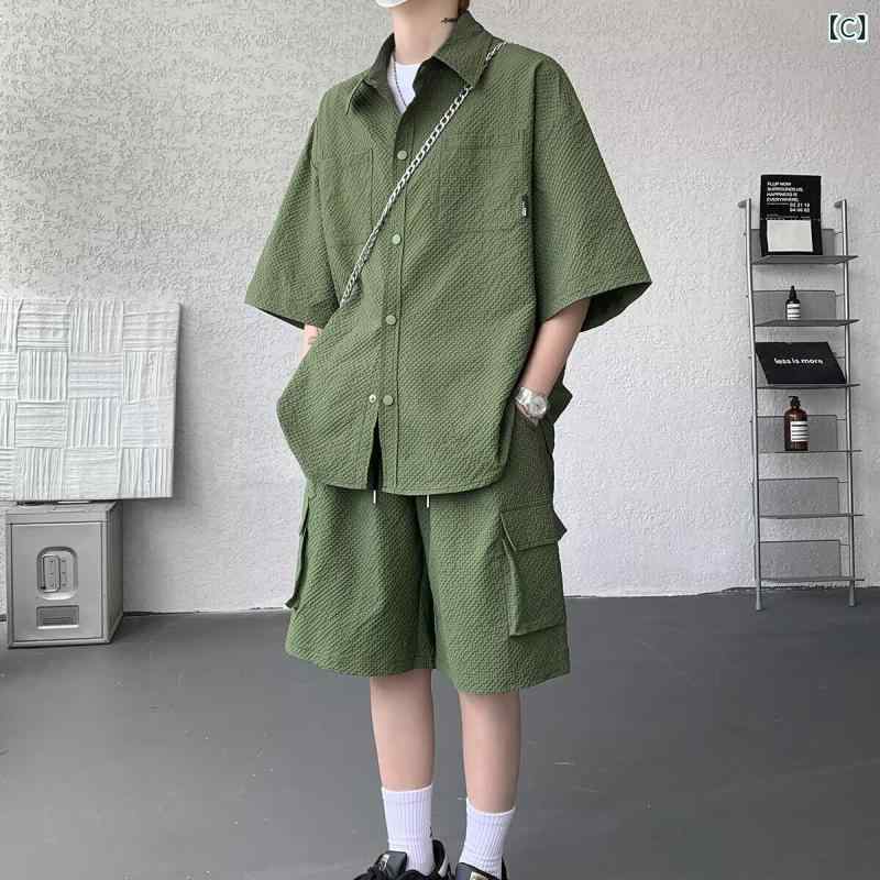 フォークBRのアイスシルクカジュアルスーツメンズ 2025 夏 薄い スタイル 作業 服 半袖 シャツと ショート パンツ 2 点 セット 男性 用｜アングル3