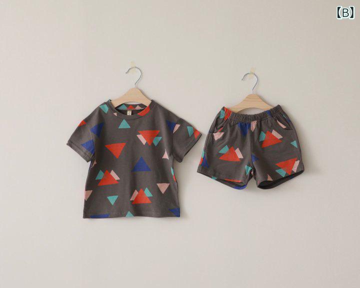 子供服 半袖Tシャツ＆ショートパンツ セットアップ 半ズボン 夏物 綿100% 男女兼用...