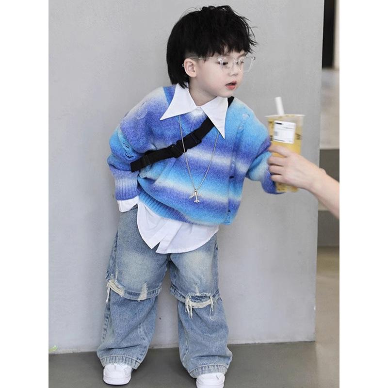子供服 男の子 キッズ セットアップ 3点セット 長袖Tシャツ ズボン セーター 渐变色 韩系 カジュアル シンプル おしゃれ 普段使い 通園 通学 3歳 4歳 5歳 6歳 7歳 8歳 100cm 110cm 120cm 130cm 140cm 150c