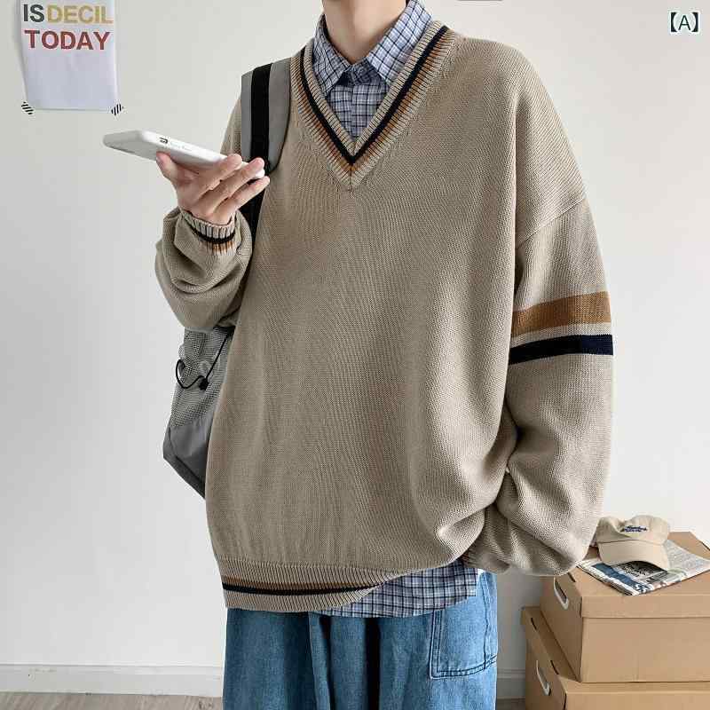 春秋 香港 風色 合わせ セーター 男性 v ネック 日系 復古 学生 シンプル 韓国 版 トレンド ins ニット コート bf