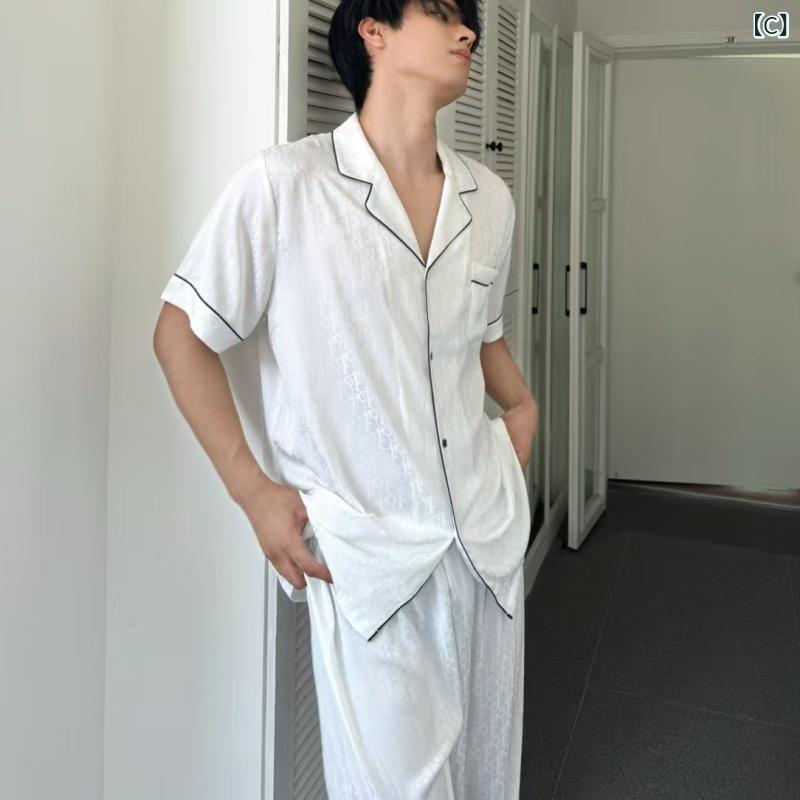 フォークBRのファッション ブランドの 夏の 新型の 薄い シルクの ジャカードの 半袖の ズボンの パジャマの 韓国 版の 大きい サイズの 男性の 氷の 糸の 家の 服｜アングル3