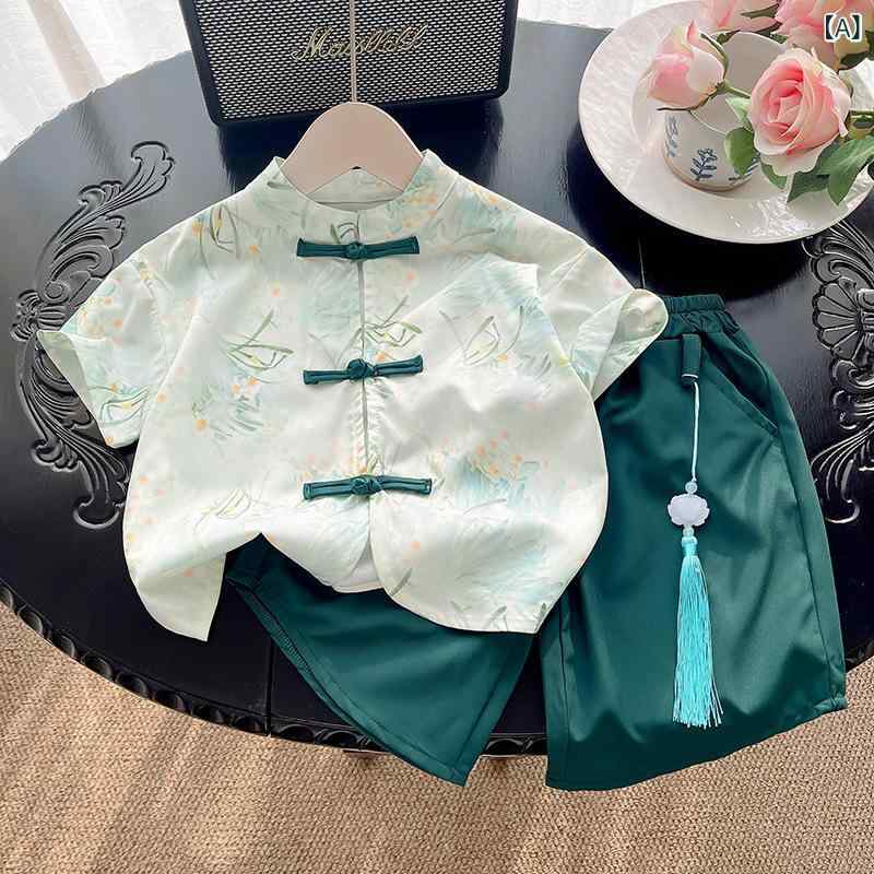 フォークBRの男の子 子供服 上下セットアップ 春夏用 半袖Tシャツ 五分丈パンツ 綿100% カジュアル 緑 100cm 110cm 120cm｜アングル2