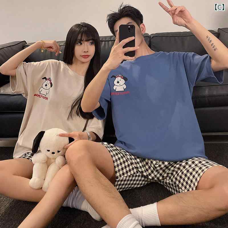 フォークBRの夏の カップルの パジャマの 女性の 半袖の半 ズボンの スーツの 大きい サイズの 綿の 男性の 女性の 漫画の カップルの スーツの 部屋の 服｜アングル3