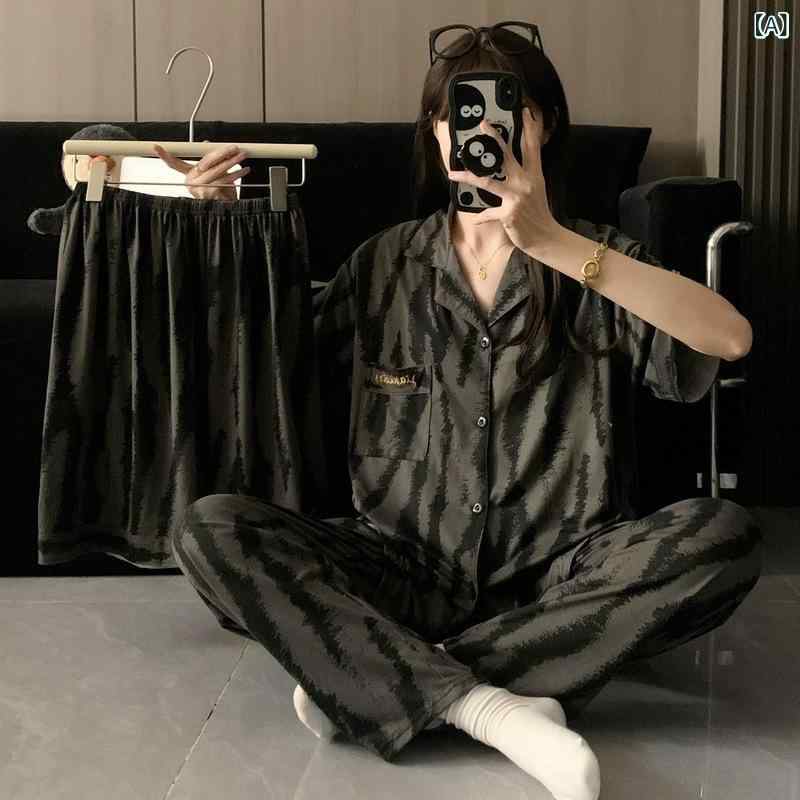 Other - 新しい カップル パジャマ 男性と 女性の ための ハイエンドブラックグレーストライプ 春と 夏の 半袖 シンプルな スリーピーススーツクロスボーダー 卸売