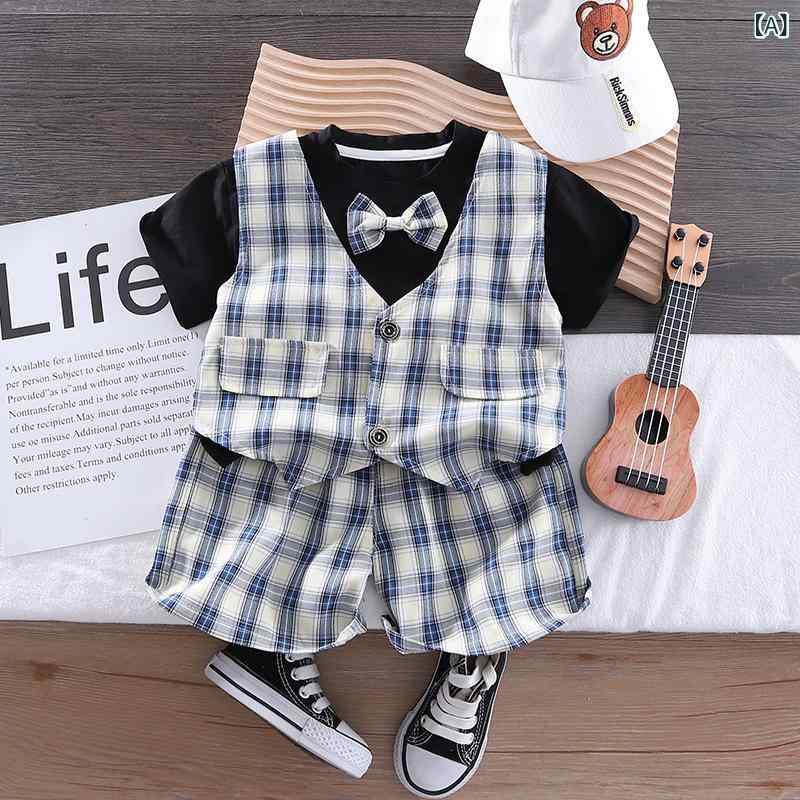 男の子 夏服 上下セットアップ 格子柄 半袖 トップス 半ズボン 1-3歳 80-100cm 浙...