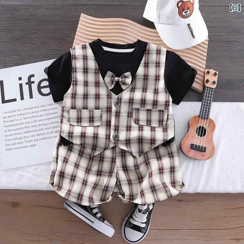 男の子 夏服 上下セットアップ 格子柄 半袖 トップス 半ズボン 1-3歳 80-100cm 浙...